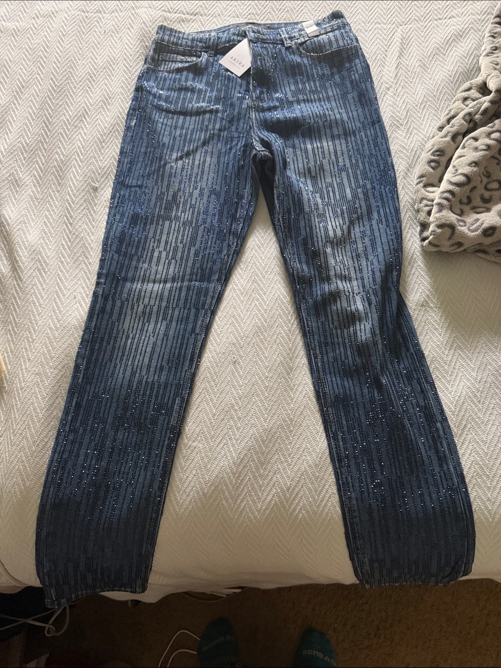 AKIRA Women's Navy Sequin Stripe Straight Leg Jeans